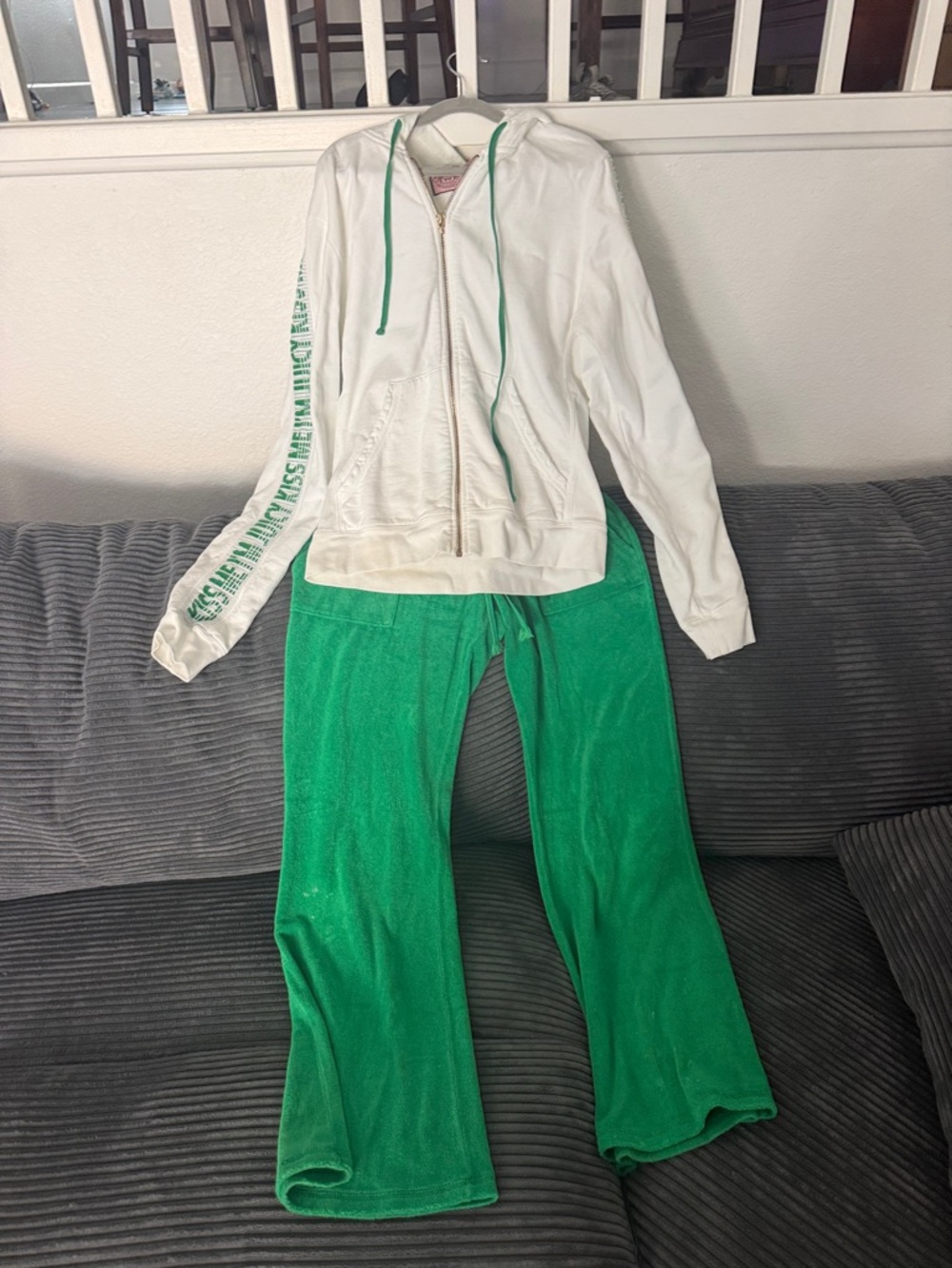 Juicy Couture White Zip Hoodie XL with Green Drawstrings & Green Terry Pants L
